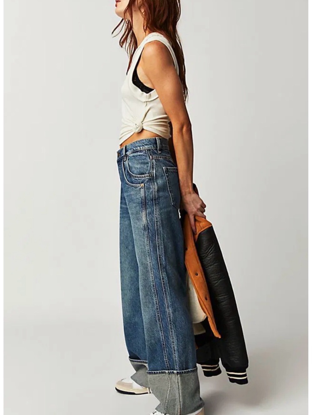 Free People Cuffed Mid Rise Denim Jeans - Classic Relaxed Fit